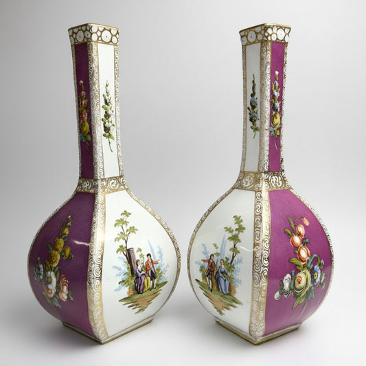 Pair Antique Dresden Style Porcelain Vases Courting Scenes Gilt c1900