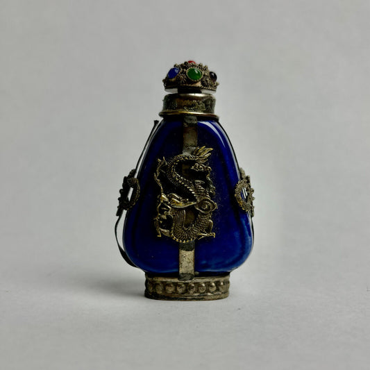 Antique Kwan-Yin Chinese Blue Glazed Ceramic & Silver Applications Snuff Bottle