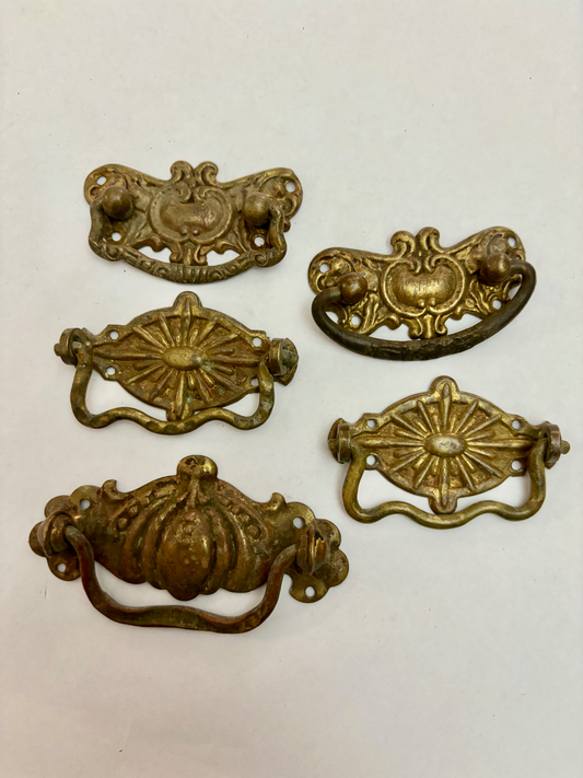 Five Mixed French Antique Brass Drawer Pull Handles