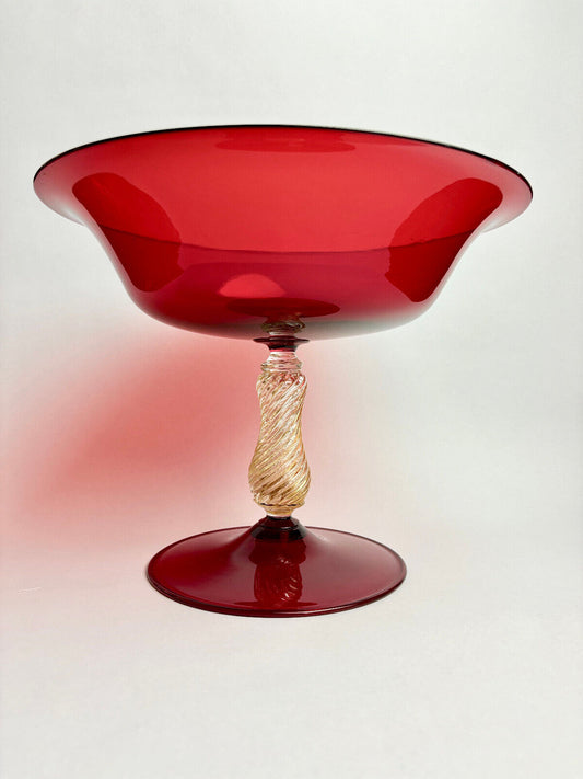 Vintage Italian Venetian Murano Glass Barovier & Toso Ruby Red Comport