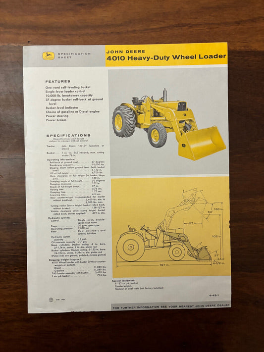 John Deere 4010 Heavy Duty Wheel Loader Sales brochure