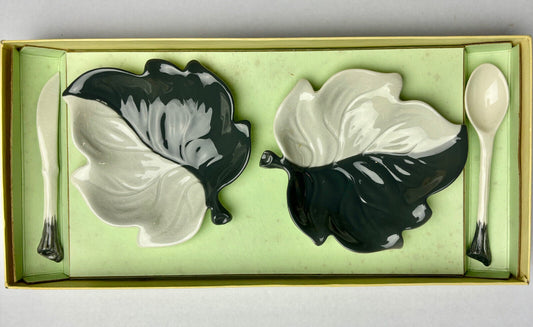 Two Carlton Ware Australian Design Two Tone Leaf Butter/Jam Dish, Box & Spoon
