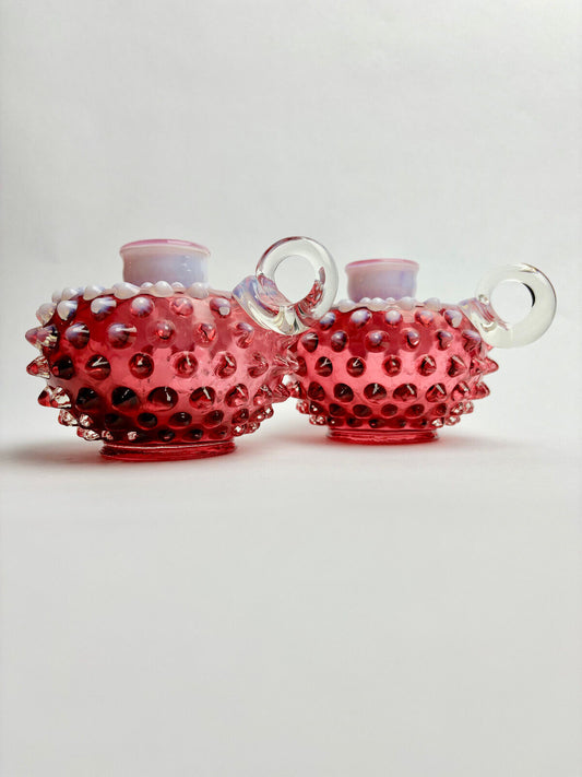 Pair of Fenton Cranberry Opalescent Hobnail Candlestick Holders (9cm tall)