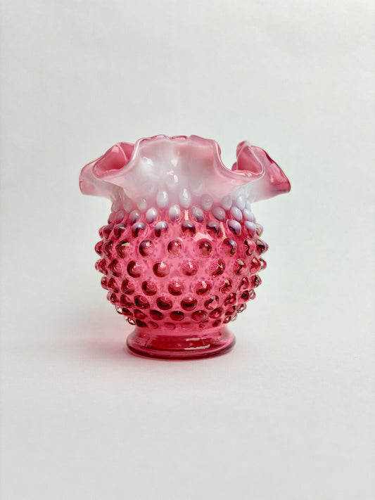 Fenton Cranberry Opalescent Hobnail Crimped Glass Vase (12cm tall)