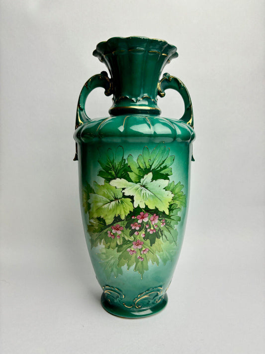 Large Green Hand-painted Victorian Floral Vase 36cm