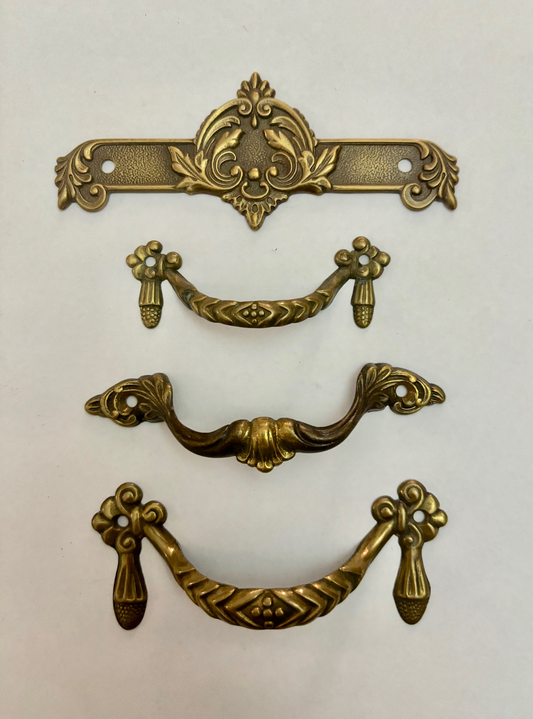 Mixed Lot of Vintage French Brass Bridge Drawer Pulls and Mounts