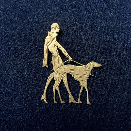 Vintage Art Deco Brooch Woman Walking Borzoi Dog Brass Vogue Pin 1920s