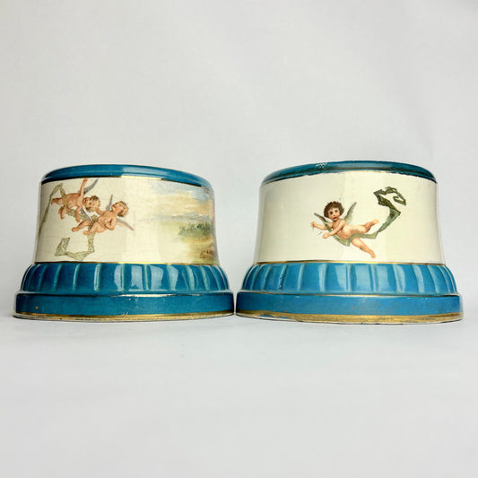 Pair of Antique Round Ceramic Plinths Cherubs Romanitc Scenes