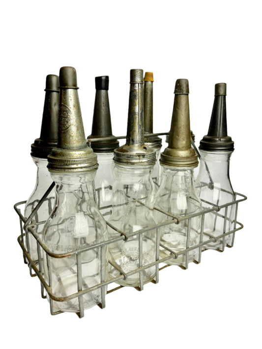 Vintage One Quart Eight Oil Bottle Rack Set Spout & Caps (non-matching)