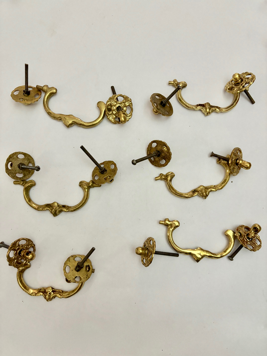 Set of Six Matching Antique Brass Drawer Pull Handle Complete Assemblies