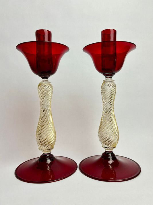 Pair of Italian Venetian Murano Glass Barovier & Toso Red Candlestick Holders