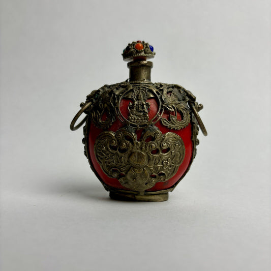 Antique Kwan-Yin Chinese Red Glazed Ceramic & Silver Applications Snuff Bottle