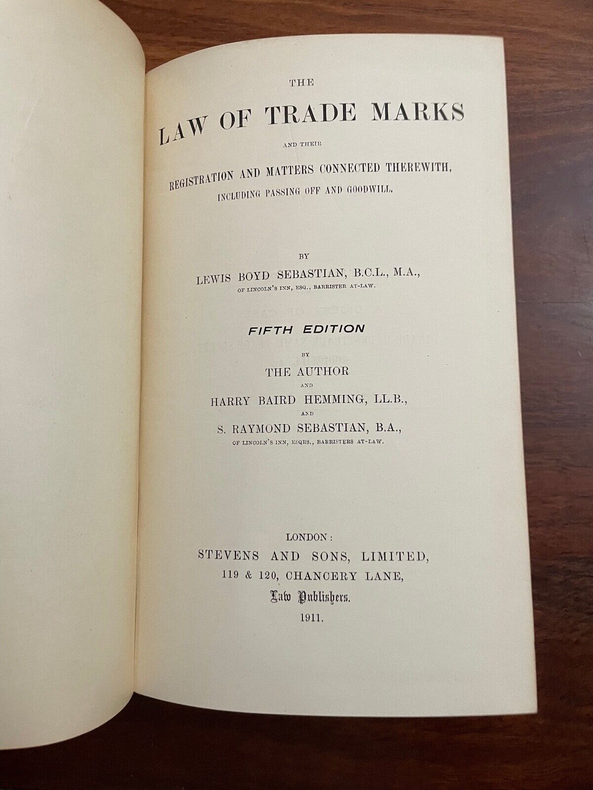 Sebastian's Law of Trade Marks Fifth Edition (Hardcover, 1911)