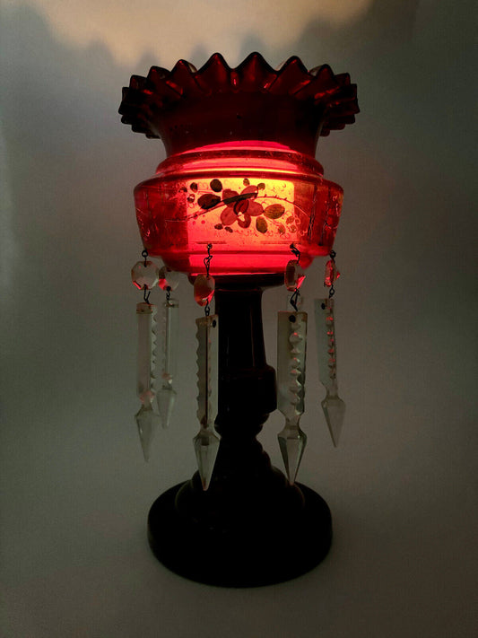 Antique Ruby Cranberry Glass Mantle Lustre with Droppers