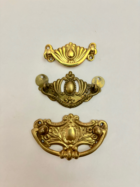 Three Antique Solid Brass Drawer Pull Handles