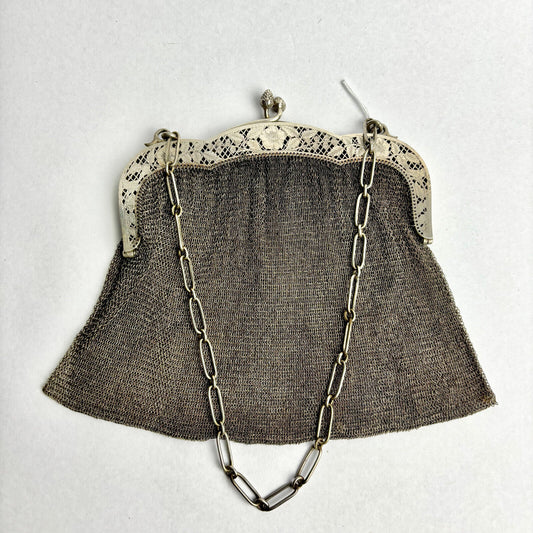 Antique Victorian White Metal Plated Mesh Purse 16cm wide