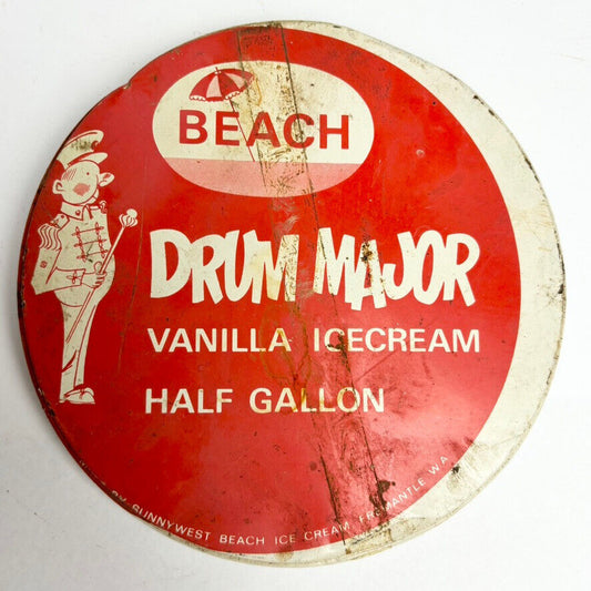 Vintage  Sunnywest Beach Drum Major Ice Cream Tin Lid Only, Perth - scarce