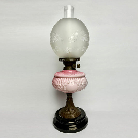 Tall Antique Victorian Glass Brass Oil Lamp Pink Painted Etched 55cm