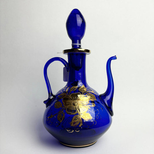 Bristol blue jug with gilt floral overlay (30cm tall)