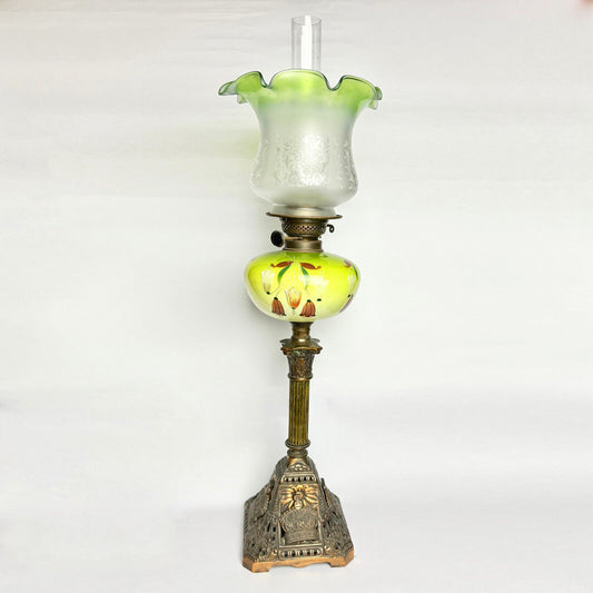 Tall Antique Victorian Glass Brass Oil Lamp Green Painted Etched 80cm