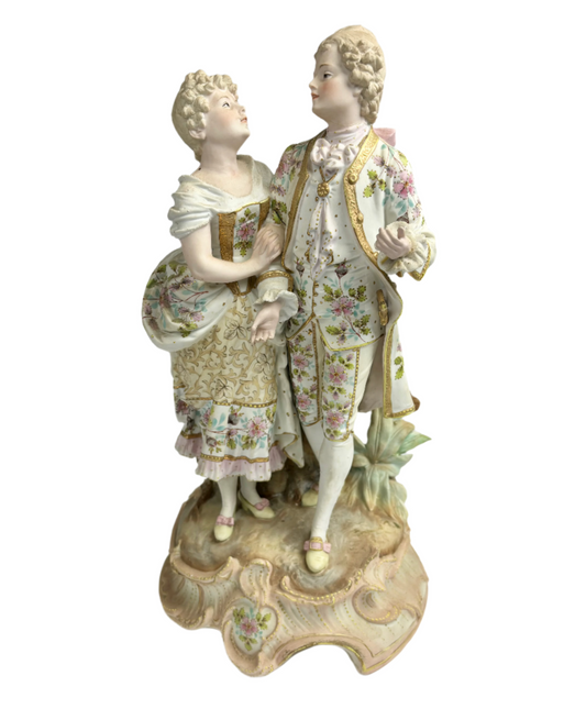 Tall Bisque Porcelain Couple in Conversation, French, 19th Century