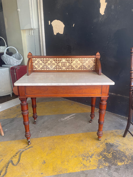 Victorian timber and marble washstand with castors