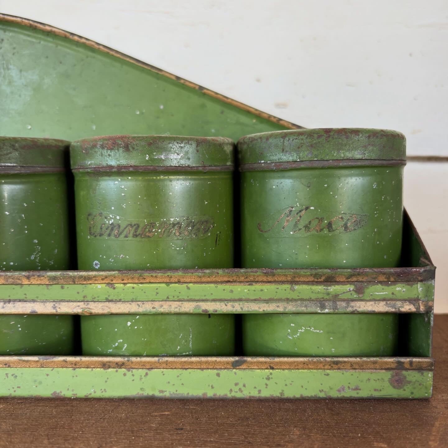 Vintage Green Tin Spice Rack with Canisters
