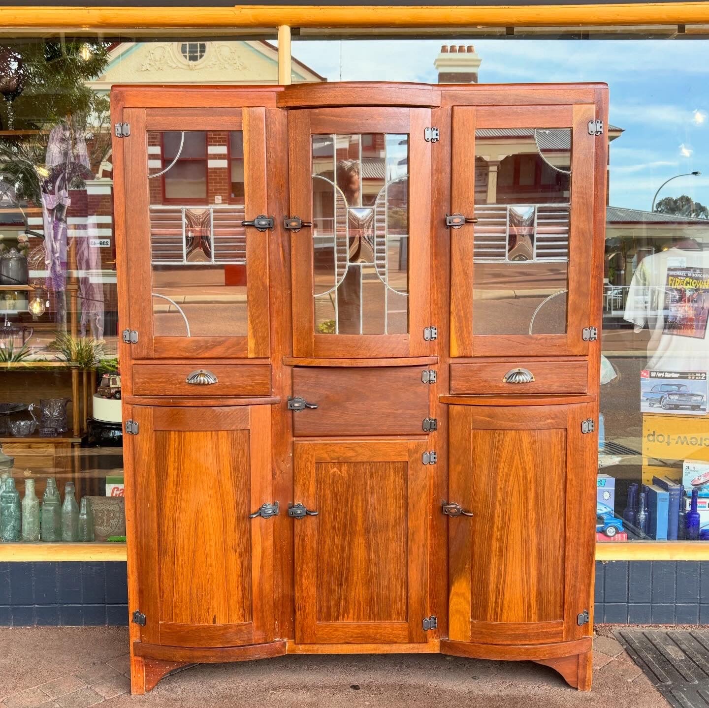 Art Deco Jarrah Kitchenette Cabinet Leadlight Doors c.1930s Restored