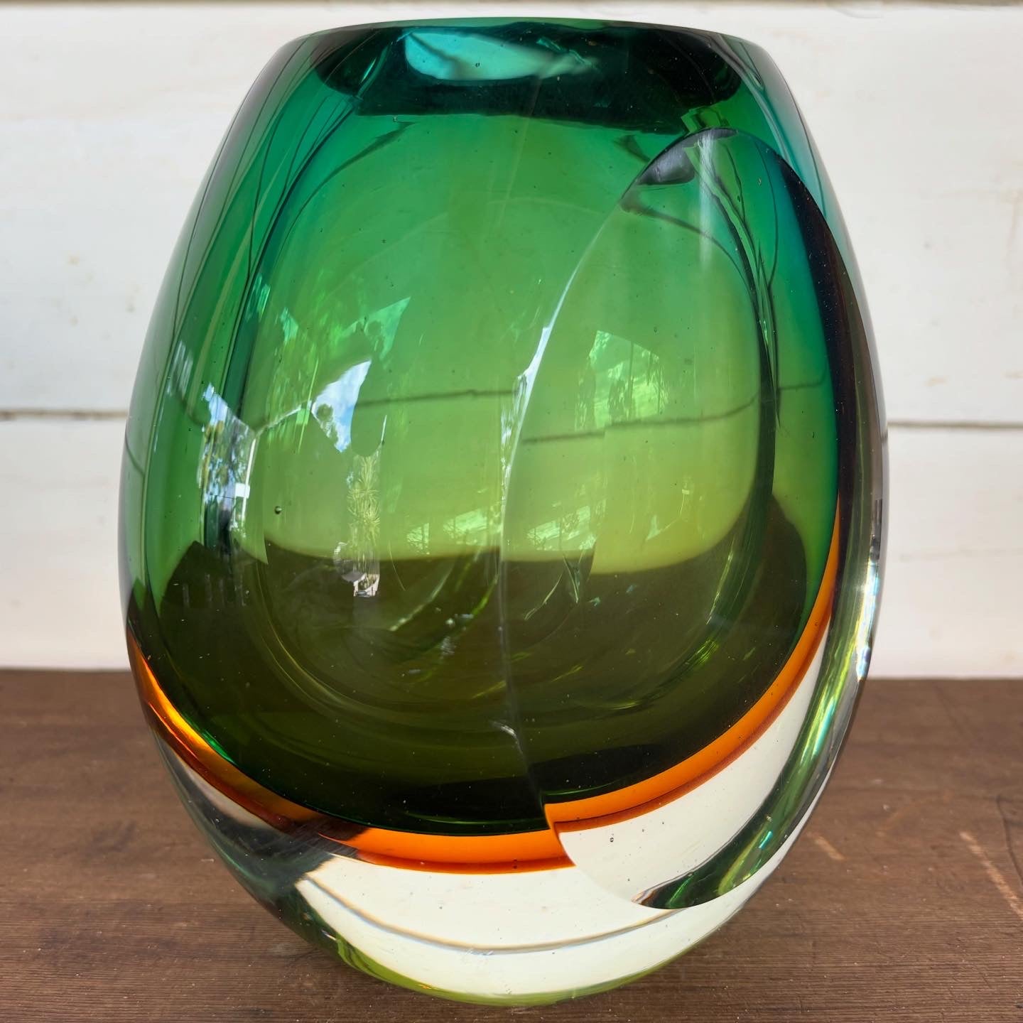 Mid-Century Sommerso Style Glass Vase – Emerald, Olive & Amber Circa 1970s – 3.1kg
