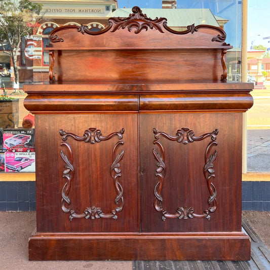 Victorian Mahogany Chiffoniere Carved Backboard Cupboard 123cm