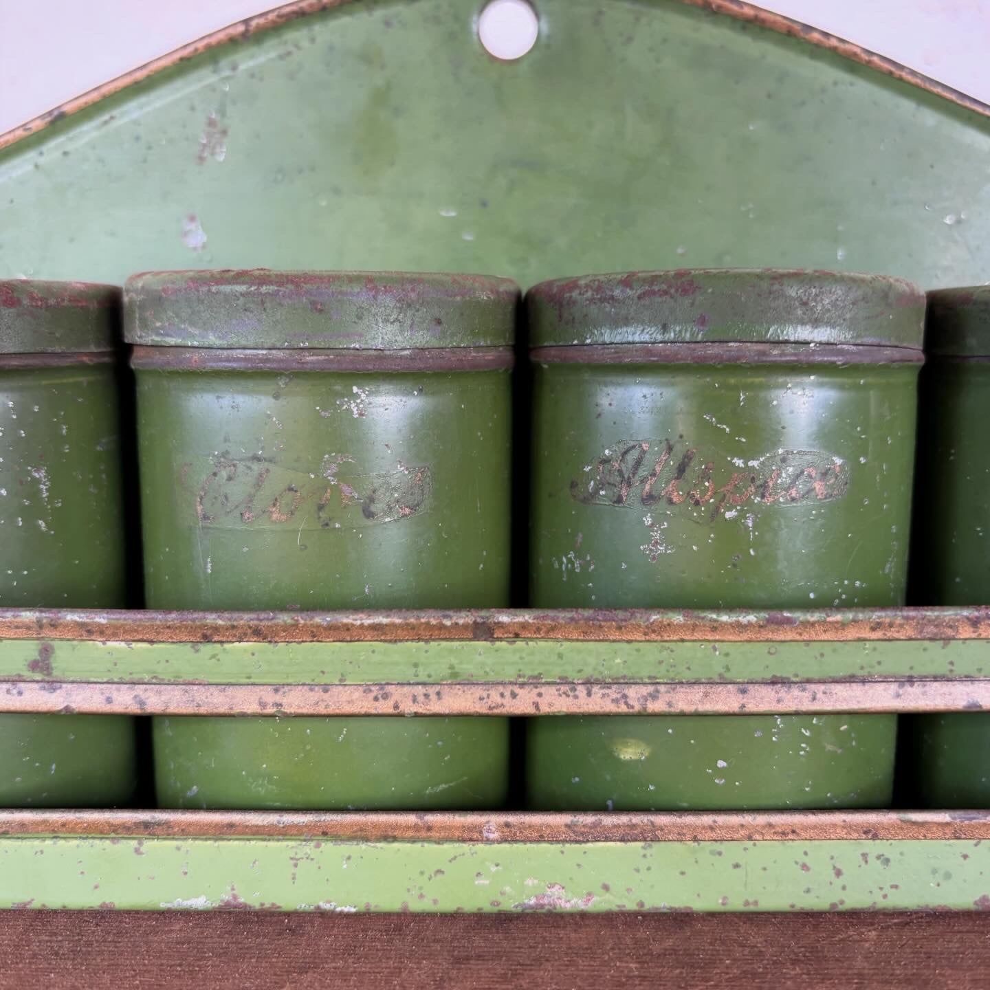Vintage Green Tin Spice Rack with Canisters