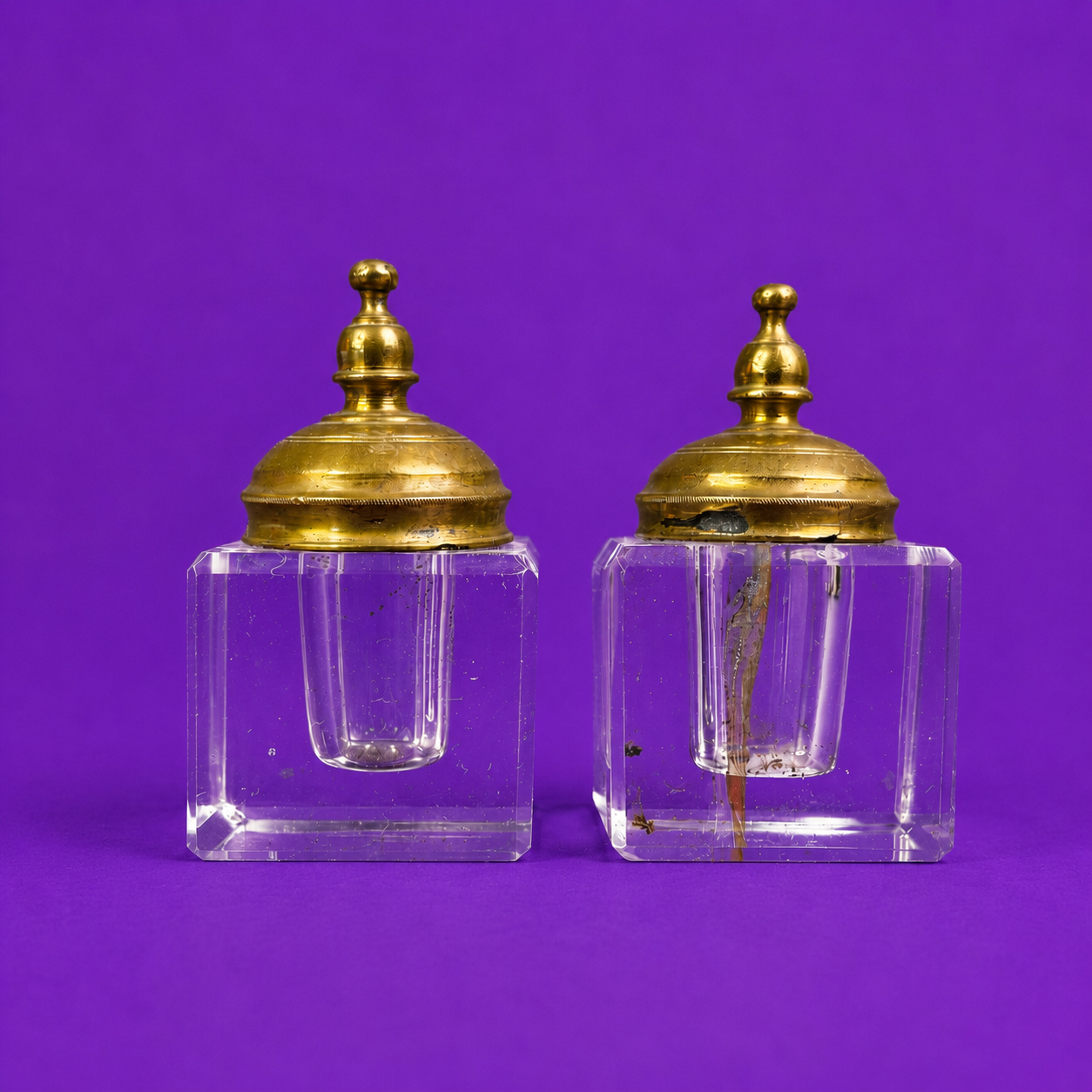 Pair of Art Deco Glass & Brass Inkwells, c.1925–1940
