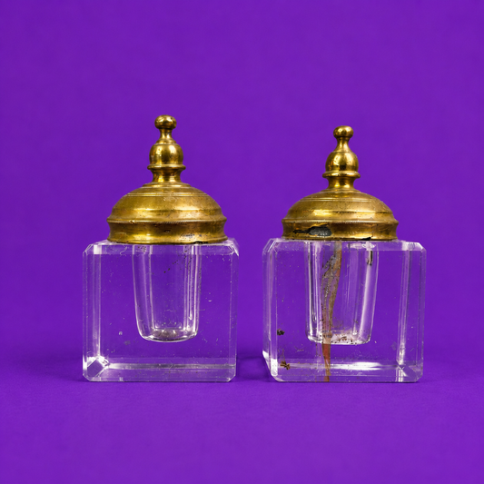 Pair of Art Deco Glass & Brass Inkwells, c.1925–1940