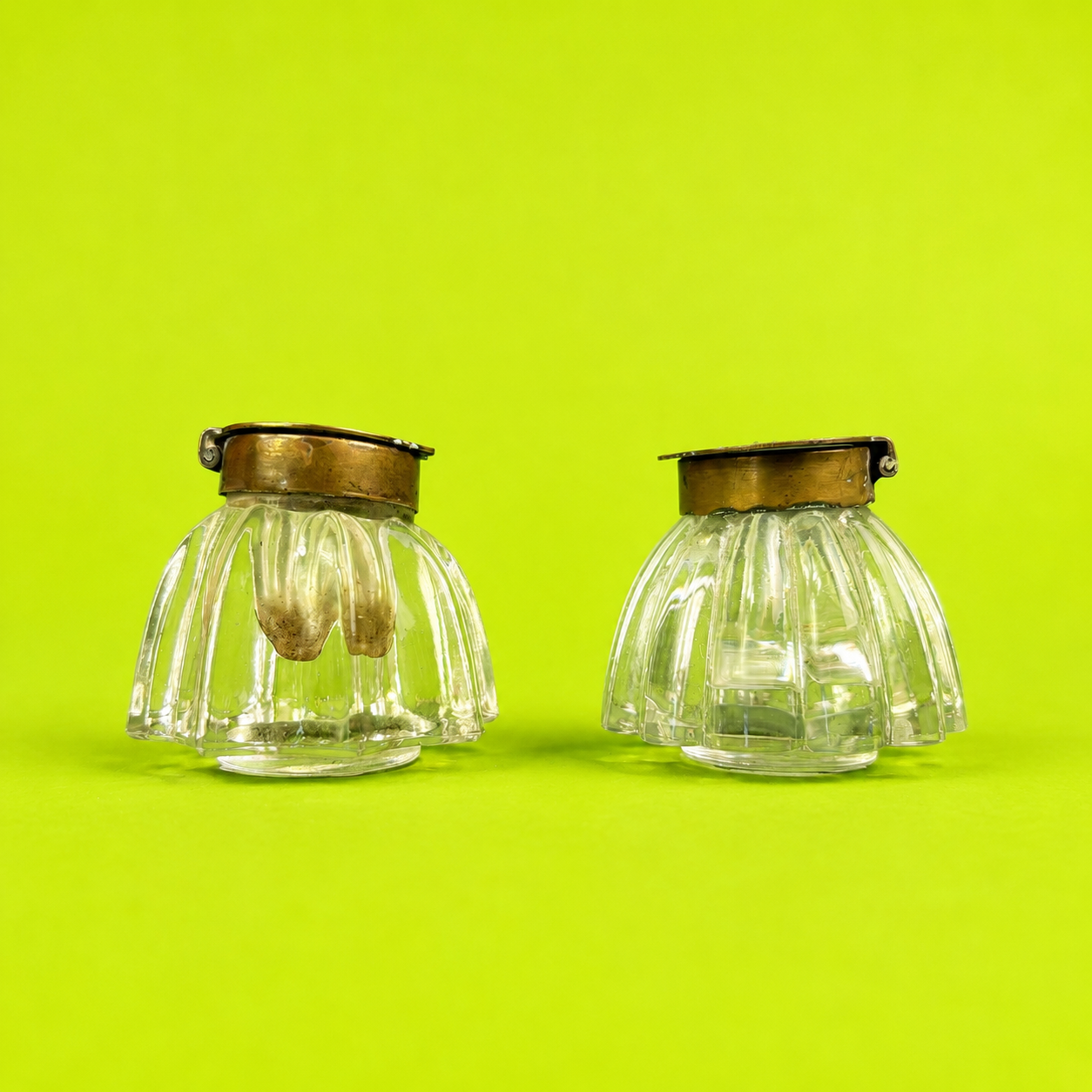 Pair of Edwardian Pressed Glass Travelling Inkwells with Brass Hinged Lids, c.1900–1910