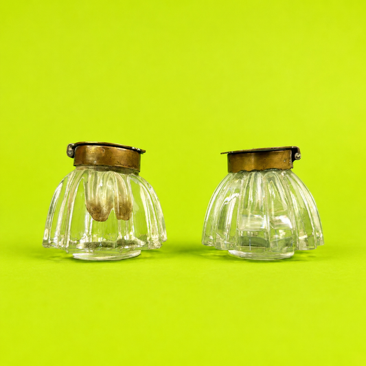 Pair of Edwardian Pressed Glass Travelling Inkwells with Brass Hinged Lids, c.1900–1910