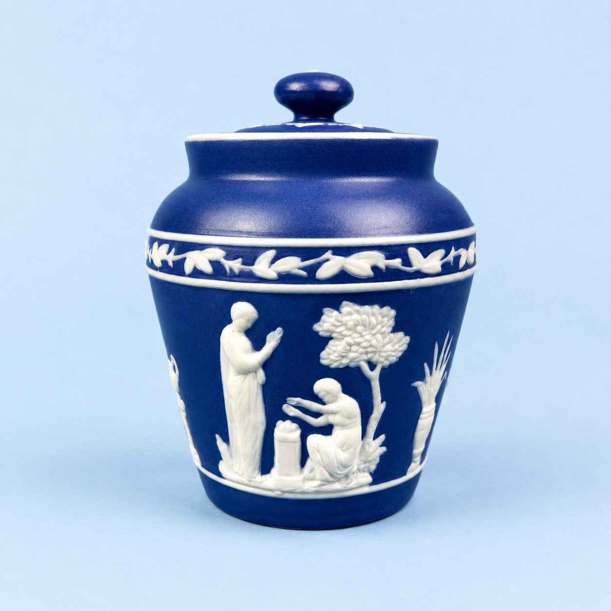 Wedgwood Blue Jasperware Lidded Trinket Jar – Classical Relief – England