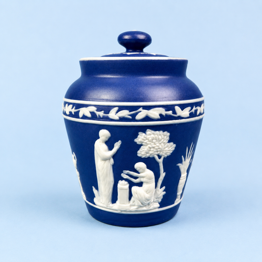 Wedgwood Blue Jasperware Lidded Trinket Jar – Classical Relief – England