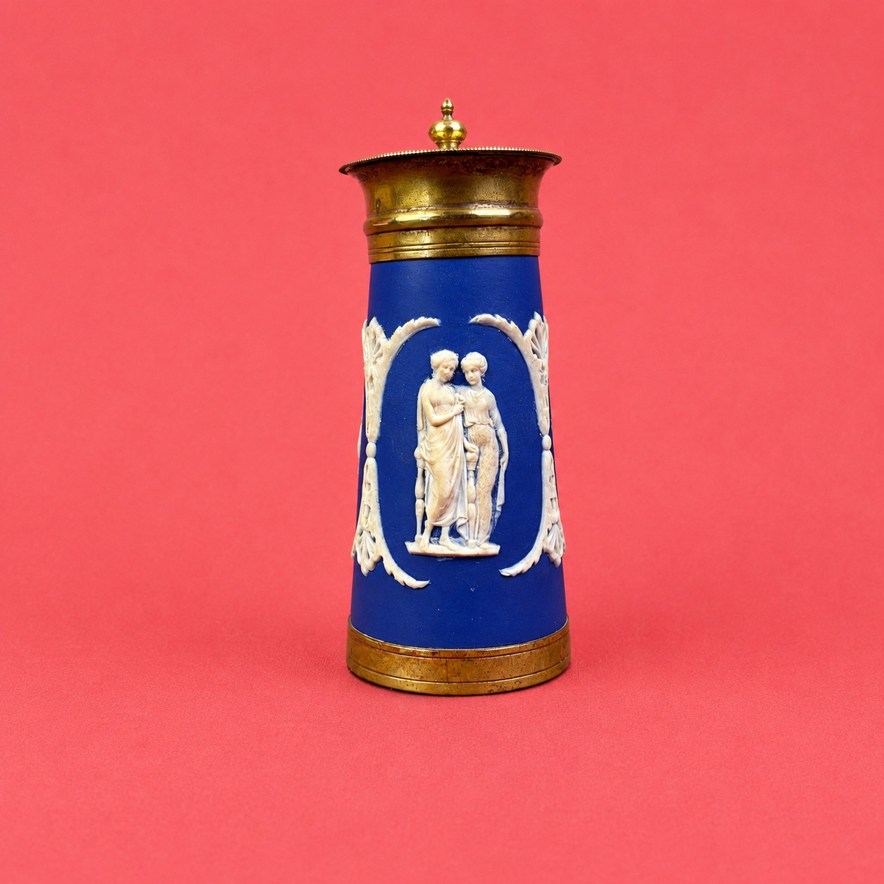 Antique Wedgwood Blue Jasperware Pot Pourri Vase with Pierced Brass Lid – England