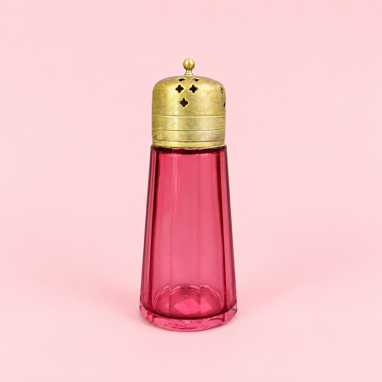 Vintage Cranberry Glass Sugar Shaker with Pierced Metal Lid – 14.5cm