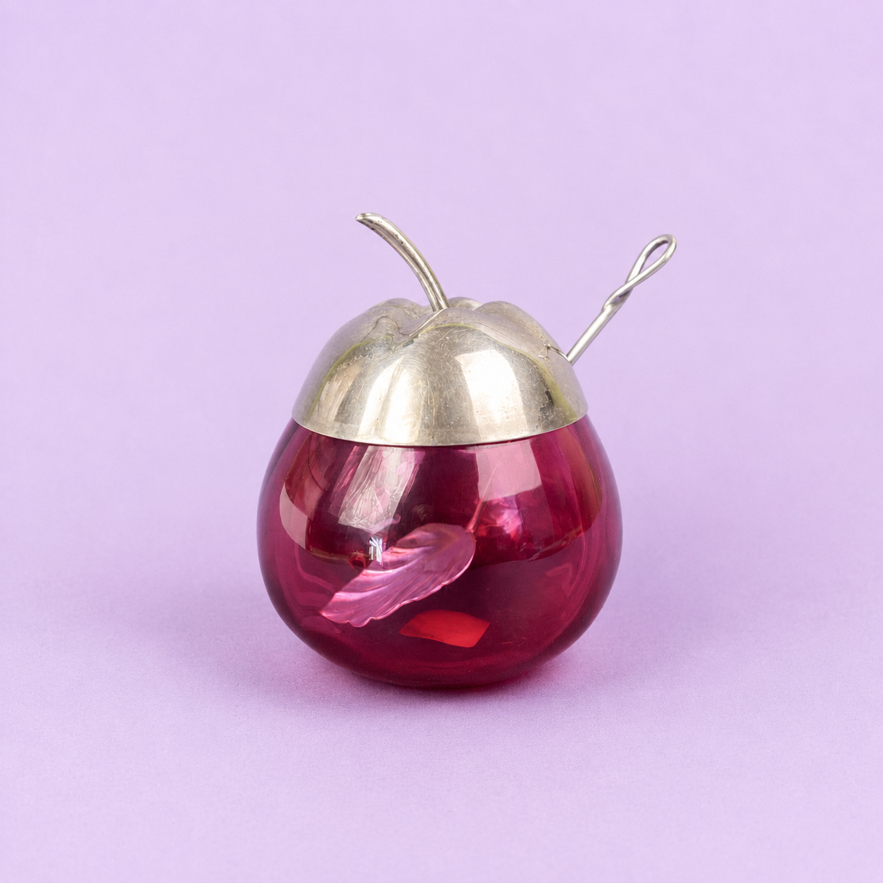 Vintage Ruby Red Glass Apple Preserve Pot with EPNS Lid & Spoon