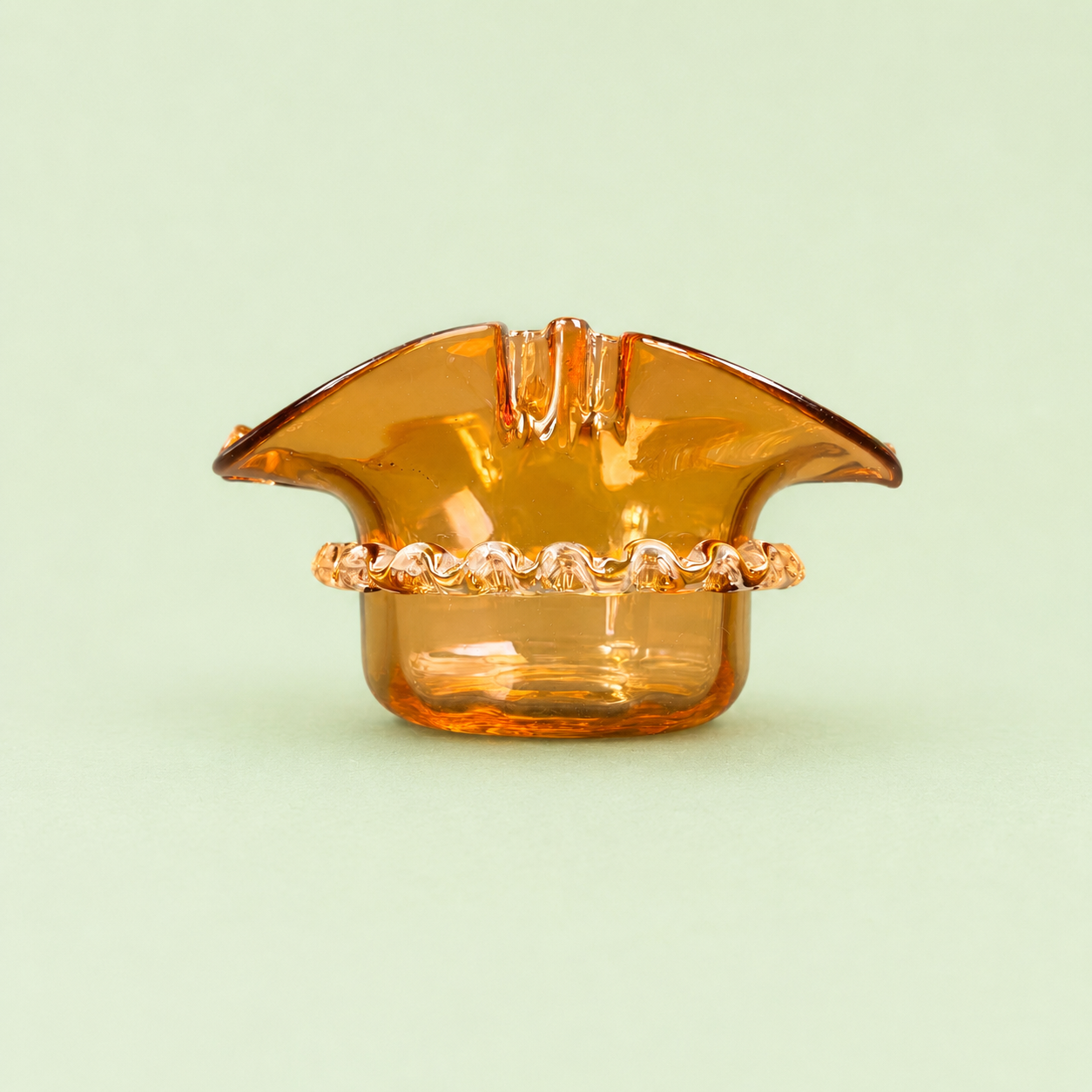 Vintage Italian Murano Amber Art Glass Ashtray with Applied Clear Rigaree Trail c.1960s