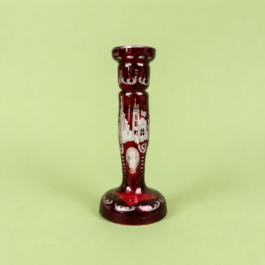 Vintage Bohemian Ruby Flash Glass Etched Candlestick – Cottage & Vine Decoration – 10cm