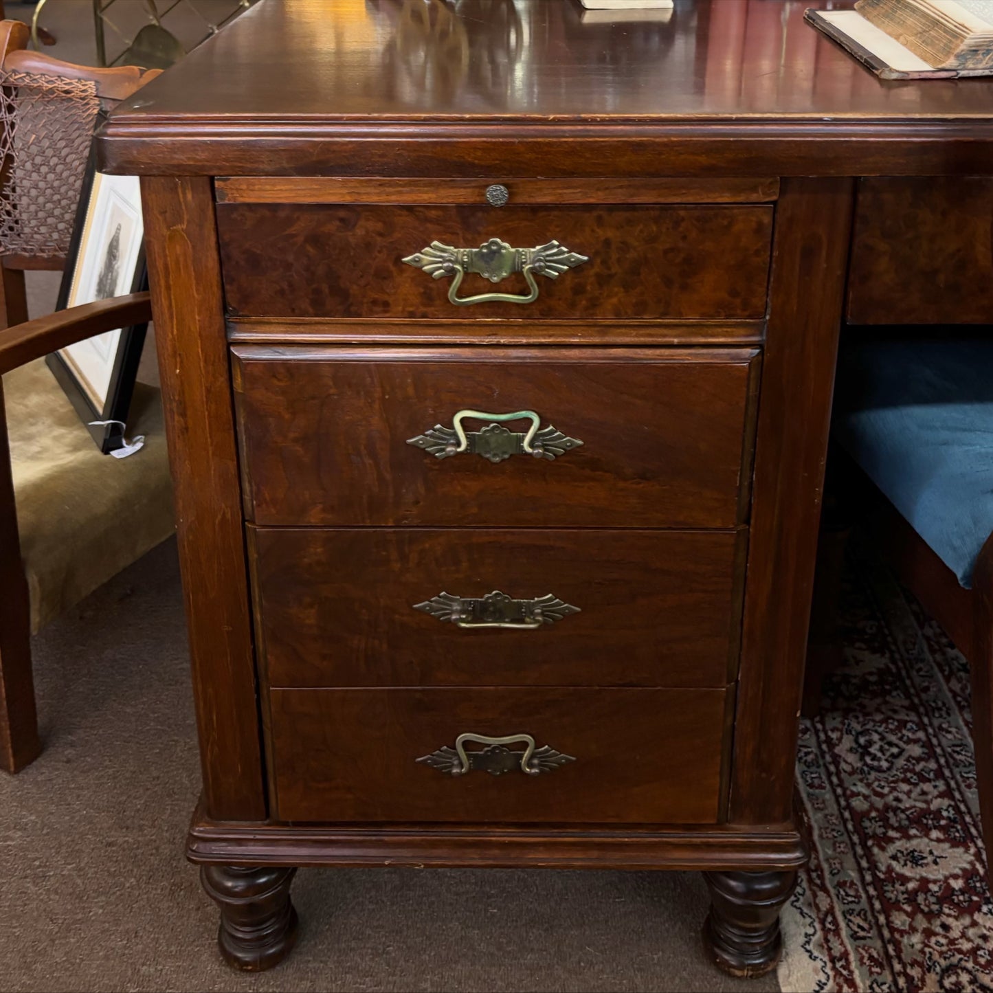 Walnut & Figured Walnut Pedestal Desk with Brass Handles & Pull-Out Slides
