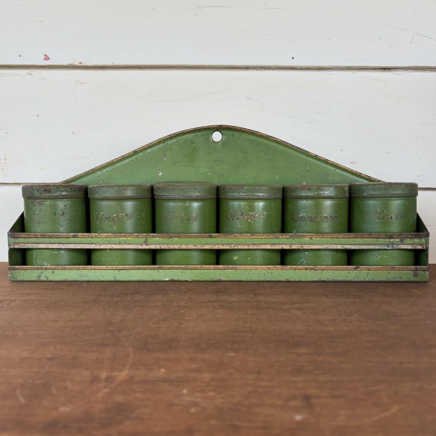 Vintage Green Tin Spice Rack with Canisters