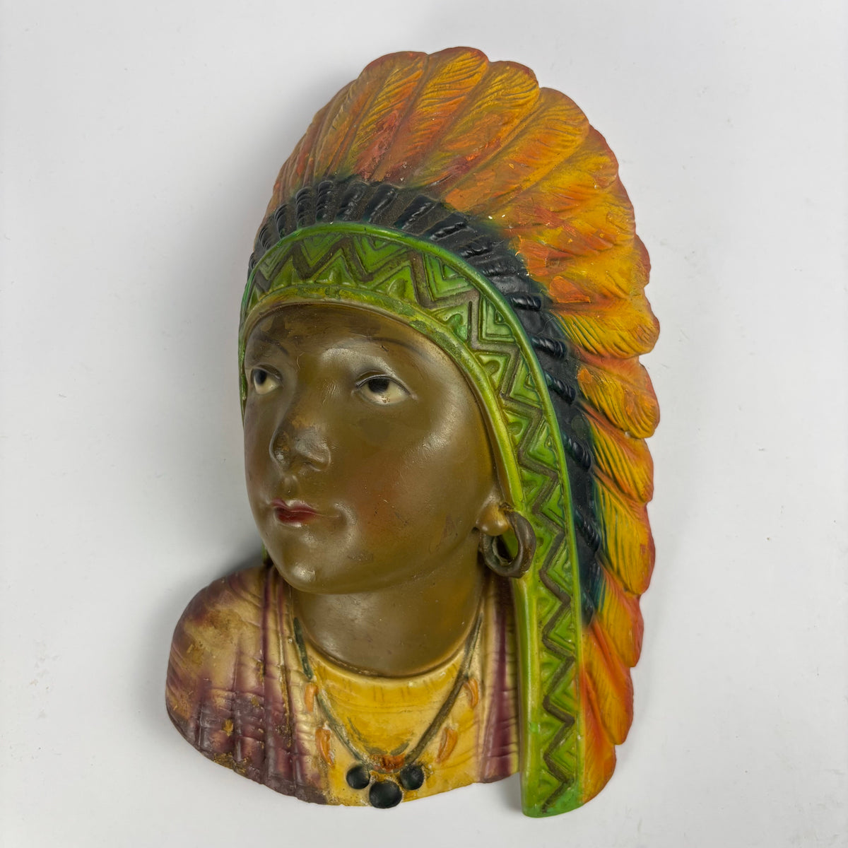 Vintage painted plaster wall bust feather headdress view 1