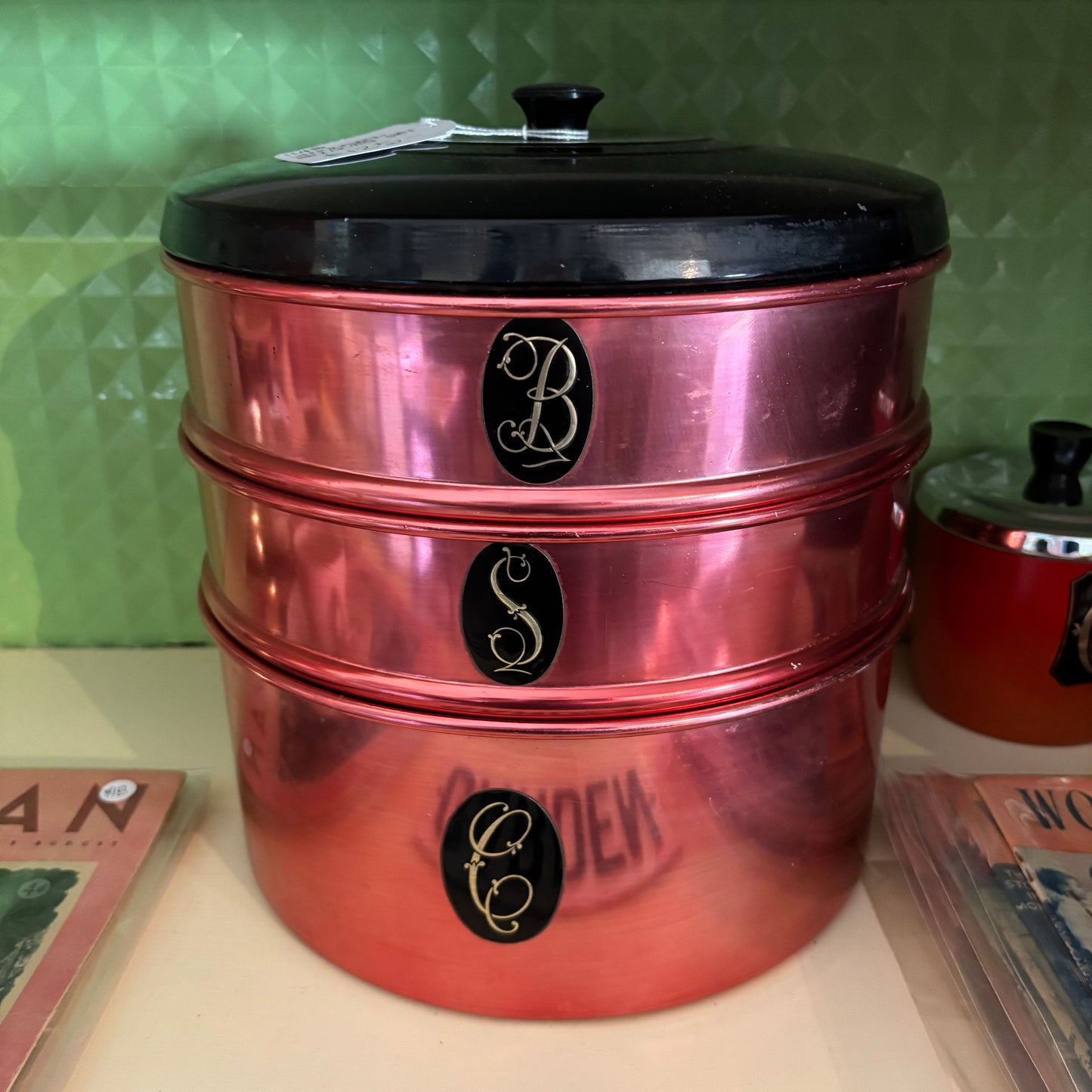 Vintage Red Anodised Kitchen Canister Set – Bread, Scones & Cakes