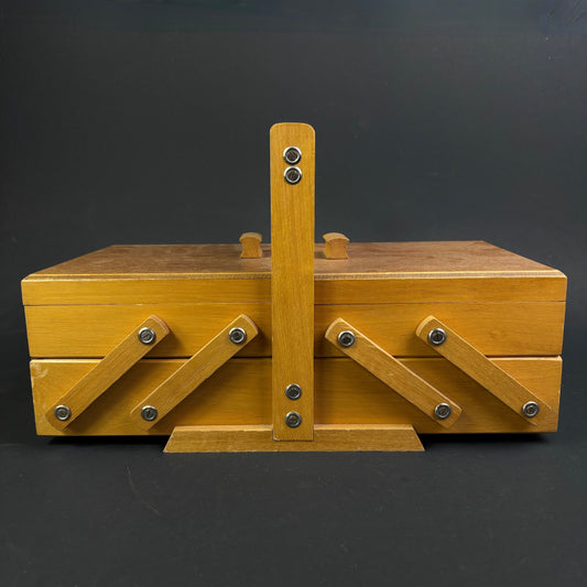 Vintage Mid-Century Wooden Cantilever Sewing Box / Craft Storage Box