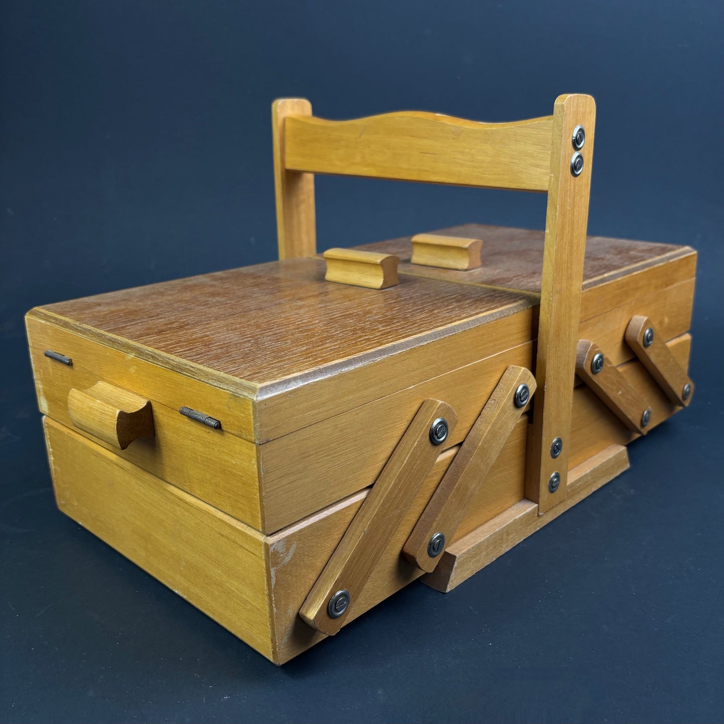 Vintage Mid-Century Wooden Cantilever Sewing Box / Craft Storage Box