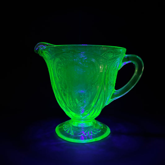 Hazel Atlas Royal Lace Green Uranium Glass Creamer Milk Jug Depression Glass