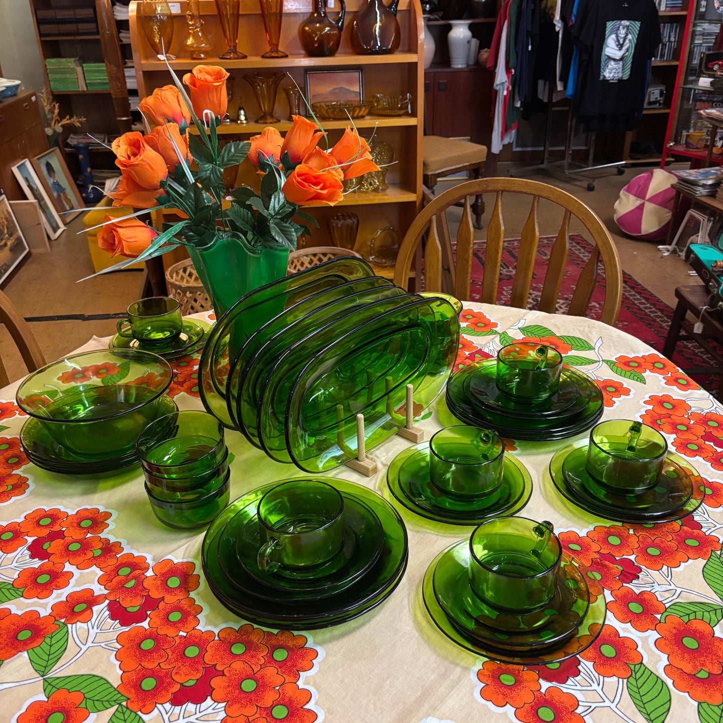 Vintage Emerald Green Glass Dinner Set – DURAX & Matching Serving Pieces